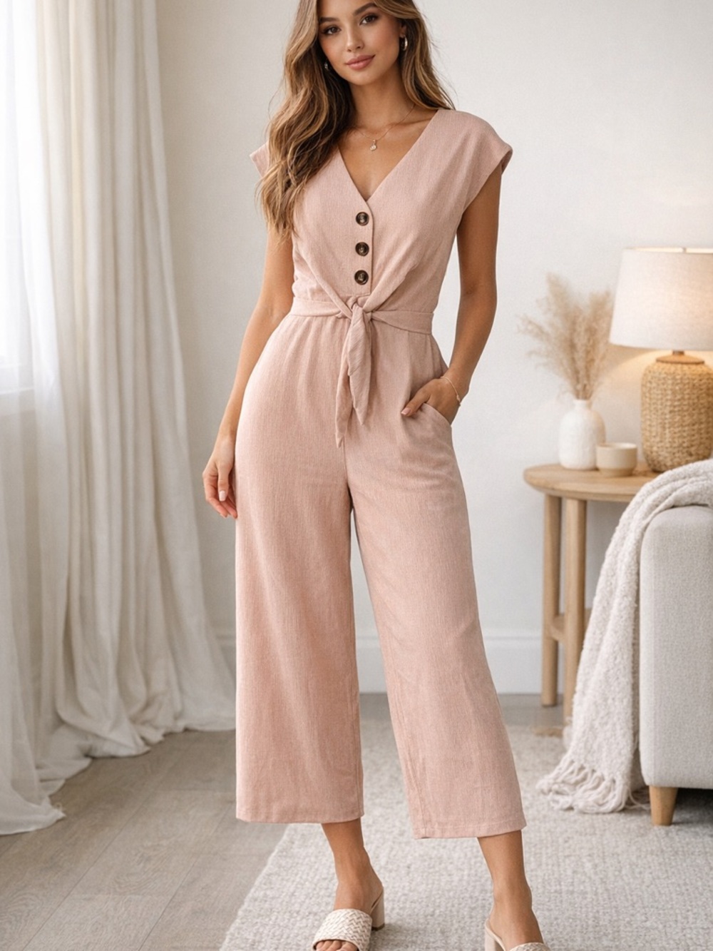 New freebird Blush Pink Tie-Waist Wide-Leg Jumpsuit Sz S